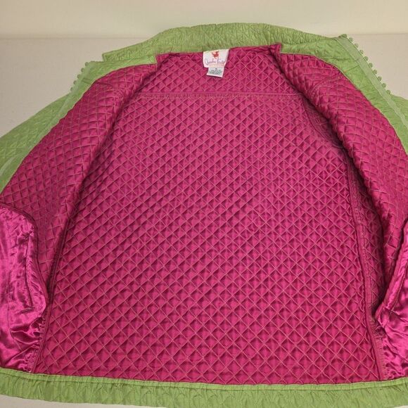 The Quacker Factory Silk Quilted Blazer Jacket Rhinestones Medium Green Pink QVC - Picture 6 of 13